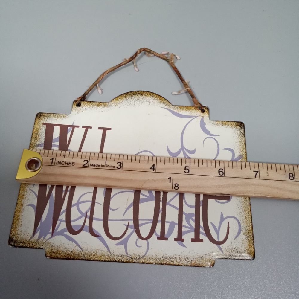 Rustic Metal Welcome Sign Distressed Wall Plaque with Pip Berry Wire Hanger 8x6 - Picture 5 of 7